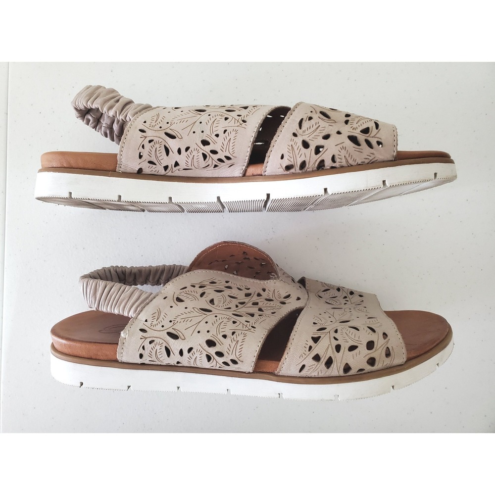 Biza Women Taupe Leather‎ Laser Cut Floral Slingback Sandals 39 US 8-8.5 Comfort